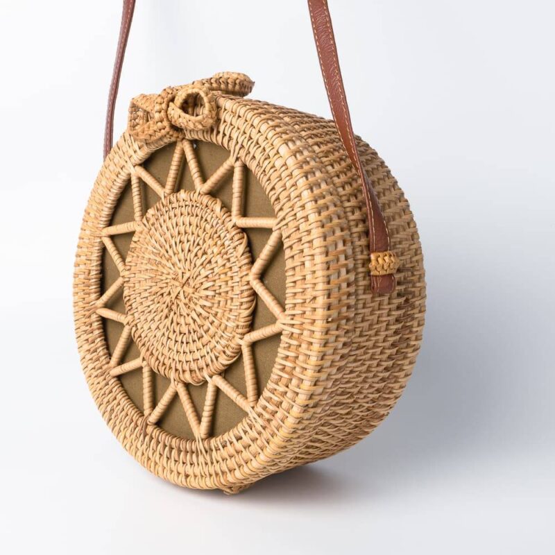 Boho Handwoven Natural Rattan Wicker Cross Body Bag With Sun Pattern