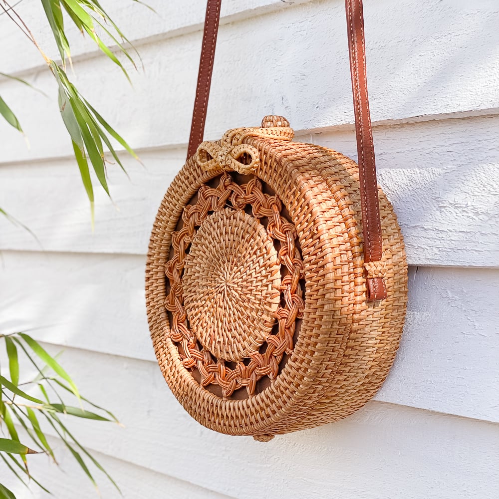 Boho Handwoven Natural Rattan Wicker Cross Body Bag With Braided