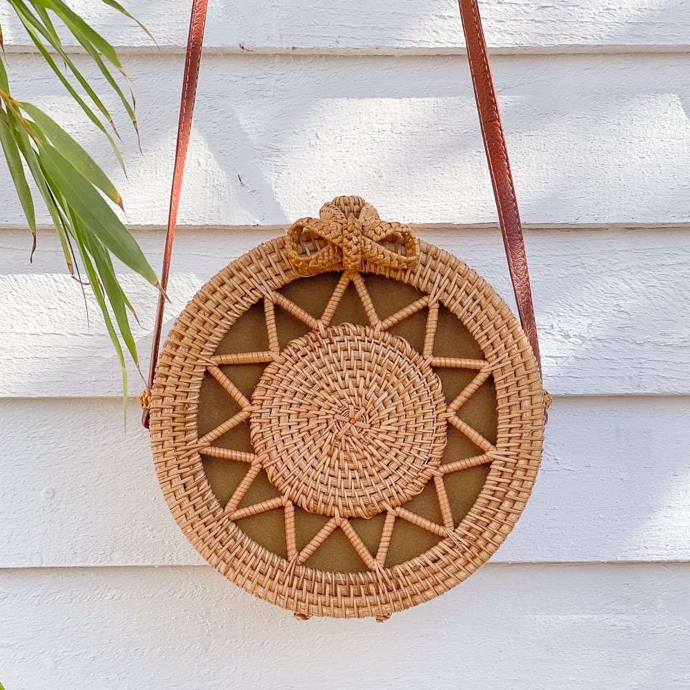 Boho Handwoven Natural Rattan Wicker Cross Body Bag With Sun Pattern
